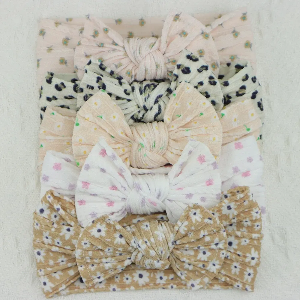 Color: Red - 5pcs/Lot Cable Knit Bow Baby Headbands Elastic Nylon Baby Girl Headband For Children Turban Newborn Infant Kids Hair Accessories