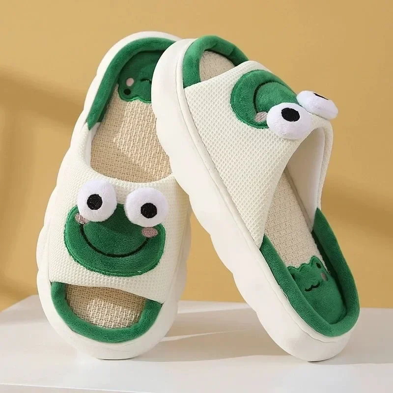 Color: light green, Shoe Size: 40-41 - 2024 Cute Cartoon Frog Linen Slippers Universal Indoor Home Four Seasons Non-slip Cotton Linen Sandals