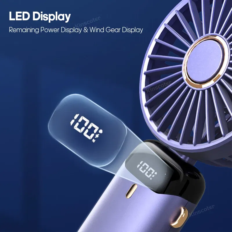 Color: Yellow - USB Handheld Mini Fan Foldable Portable Neck Hanging Fans 5 Speed USB Rechargeable Fan with Phone Stand and Display Screen
