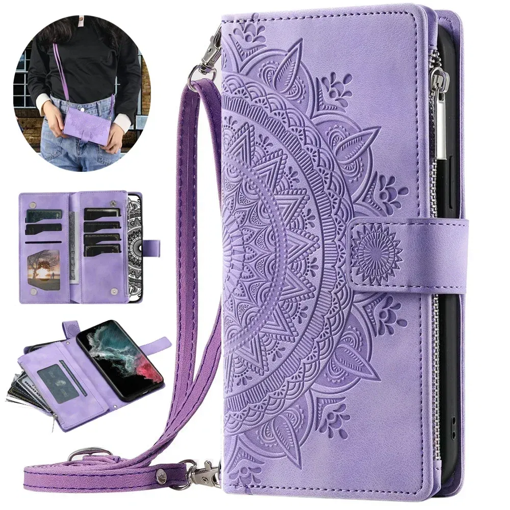 Color: PURPLE, Material: Vinyl - S24 Ultra S23 Plus S 22 CrossBody Strap Zipper Wallet Case for Samsung Galaxy S22 S23 FE S21 S20 23 24 Ultra Note 20 Book Cover
