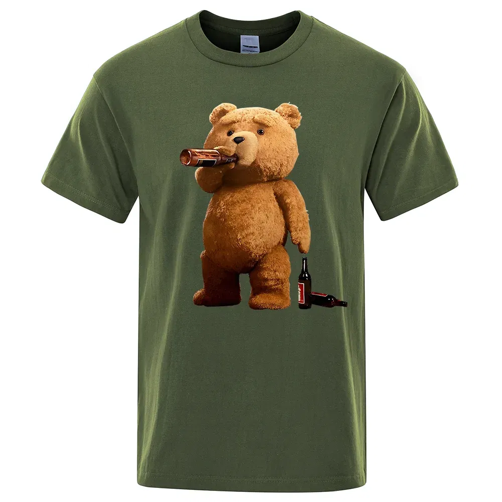 Color: GRAY, Size: M - Lovely Ted Bear Drink Beer Poster Funny Printed T-Shirt Men Fashion Casual Short Sleeves Loose Oversize Tee Street Hip Hop Tops