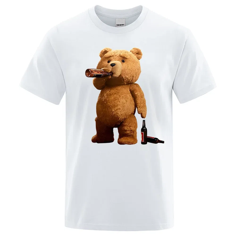 Color: GRAY, Size: M - Lovely Ted Bear Drink Beer Poster Funny Printed T-Shirt Men Fashion Casual Short Sleeves Loose Oversize Tee Street Hip Hop Tops