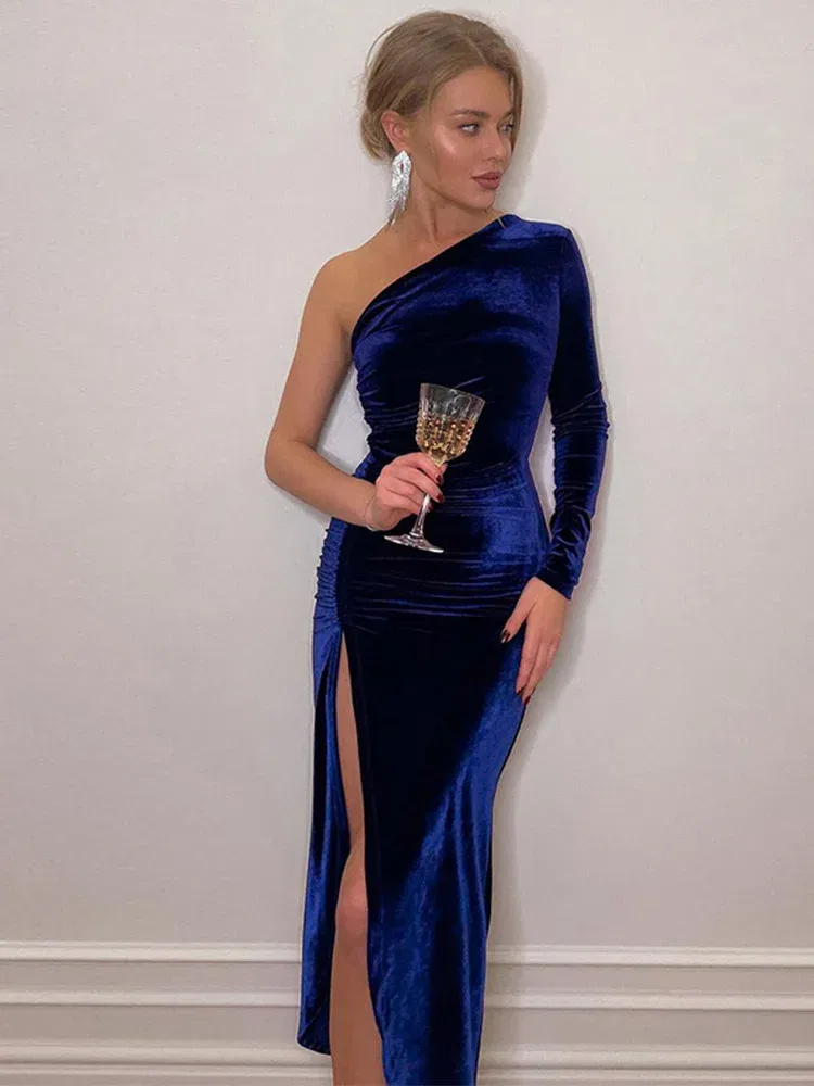 Color: green, Size: S - Women Elegant Long Sleeve Party Evening Velvet Bodycon Split Pencil Midi Dress Spring Autumn Clothes