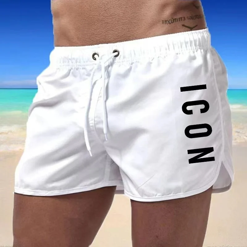 Color: WHITE, Size: M - ICON Summer men's luxury beach pants clothing quick dry gym jogging sexy shorts vacation casual swimming trunks