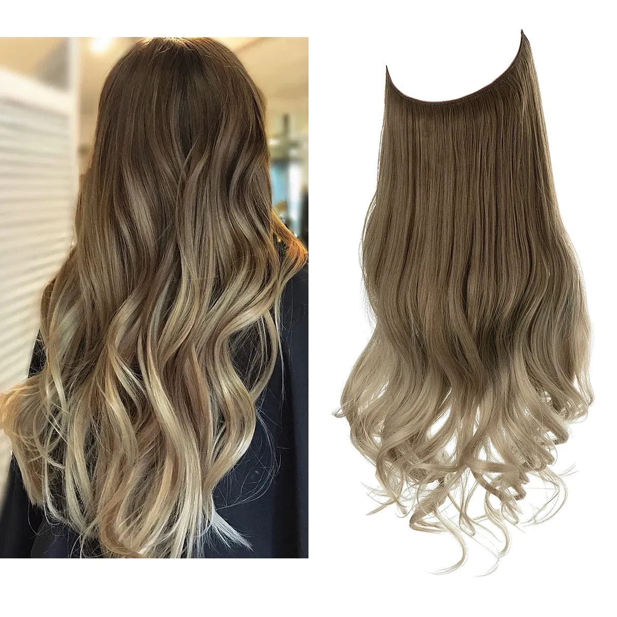 Color: P1B/30, Stretched Length: 22INCHES - Synthetic No Clip Wave Hair Extensions Ombre Natural Black Blonde Pink One Piece False Hairpiece Fish Line Fake Hair Piece