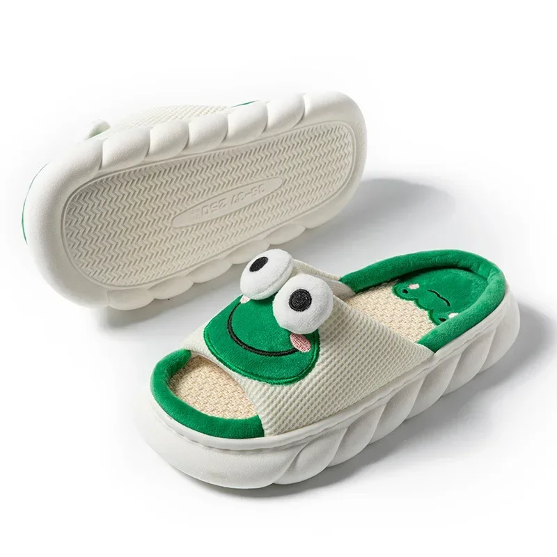 Color: light green, Shoe Size: 42-43 - 2024 Cute Cartoon Frog Linen Slippers Universal Indoor Home Four Seasons Non-slip Cotton Linen Sandals