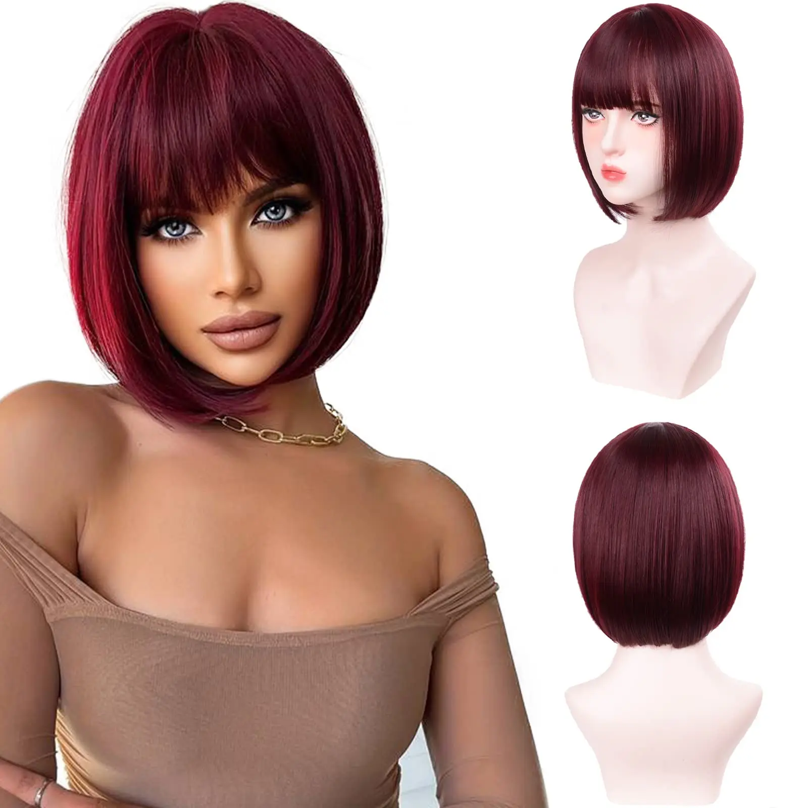 Color: T1B/27 - Blonde synthetic wig with straight bangs Ladies Cosplay wig High temperature silk wig set with big waves and long curly hair