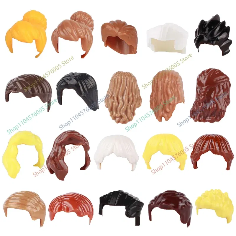 Color: Olive Green - MOC Brown Hair Building Blocks City Figures Body Creative Accessory Blond Gold White Parts DIY Hats Mini Bricks Assemble Toy S04