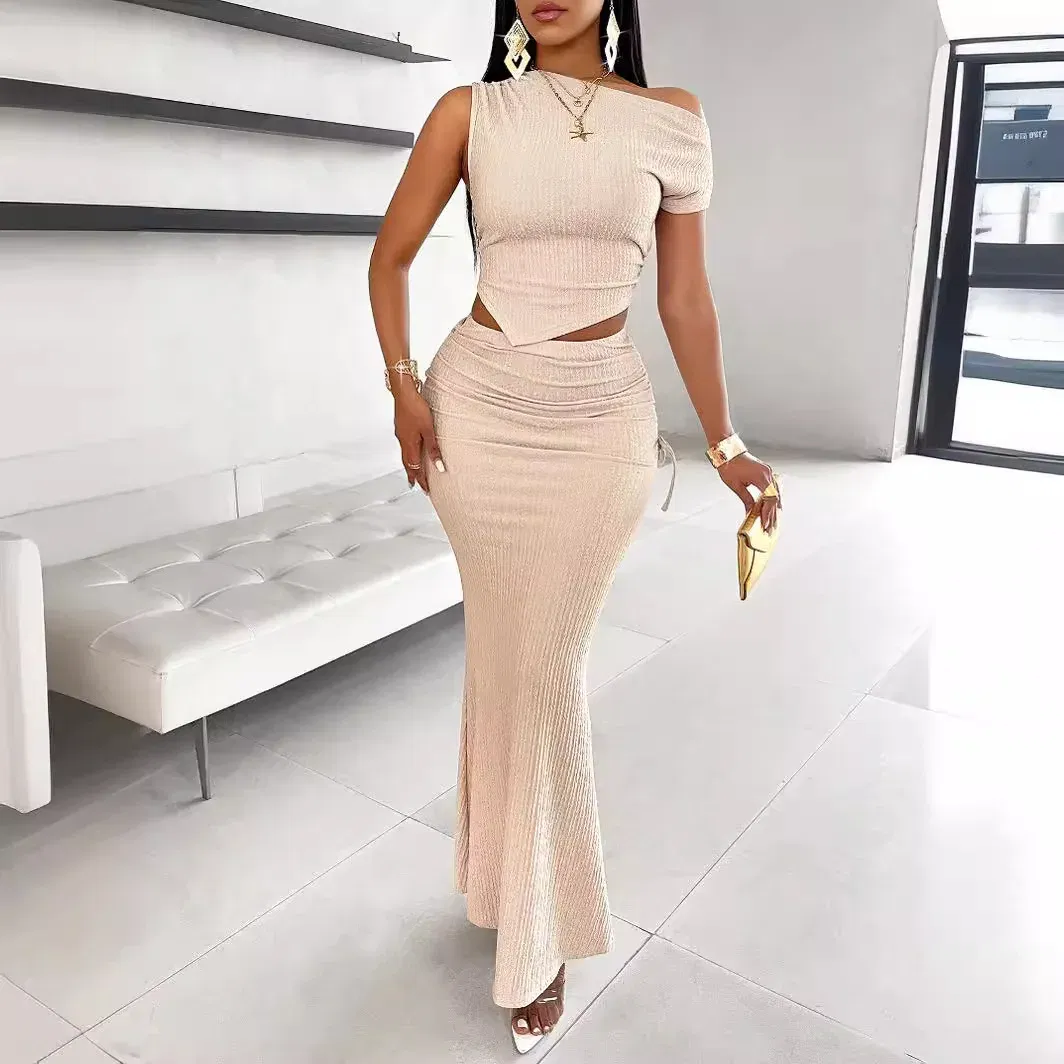 Color: APRICOT, Size: S - Women Two Piece Sets Fishtail Skirt Set Dress Sets Sexy Bodycon One Shoulder Short Tops Long Skirts High Waist Elegant Splice