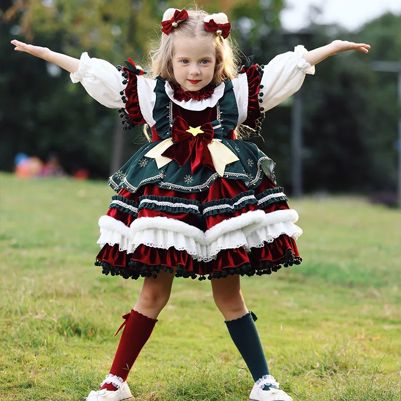 Color: Brown, Kid Size: 16t - New Autumn Winter High-End Baby Girls Velvet Lolita Princess Ball Gown Children Cute Bow Design Birthday Party Dress y1058