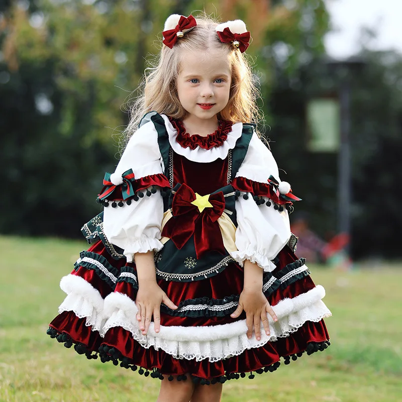 Color: Brown, Kid Size: 16t - New Autumn Winter High-End Baby Girls Velvet Lolita Princess Ball Gown Children Cute Bow Design Birthday Party Dress y1058