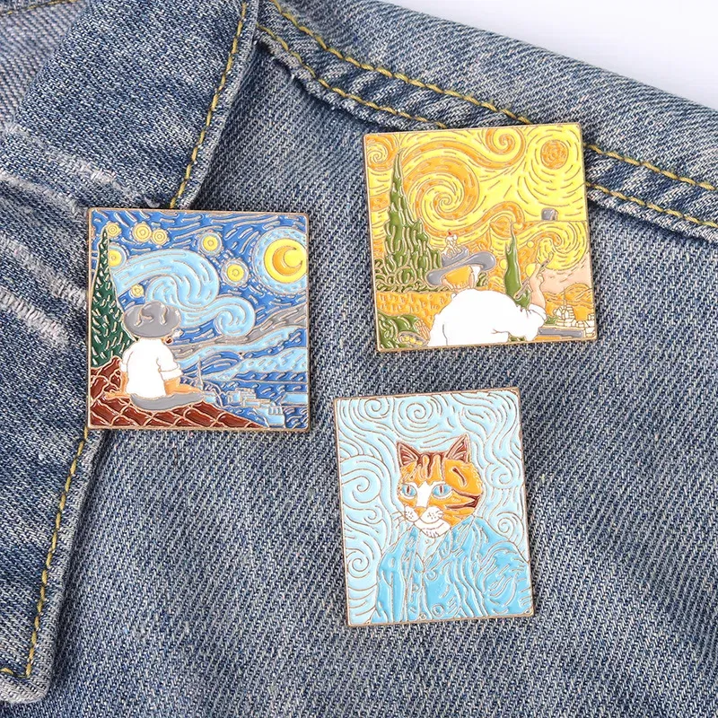 Metal color: SILVER PLATED - Van Gogh Oil Painting Brooch Van Gogh Brooch Galaxy Brooch Star Moon Sunflower Brooch Art Brooch Van Gogh Lapel Pin