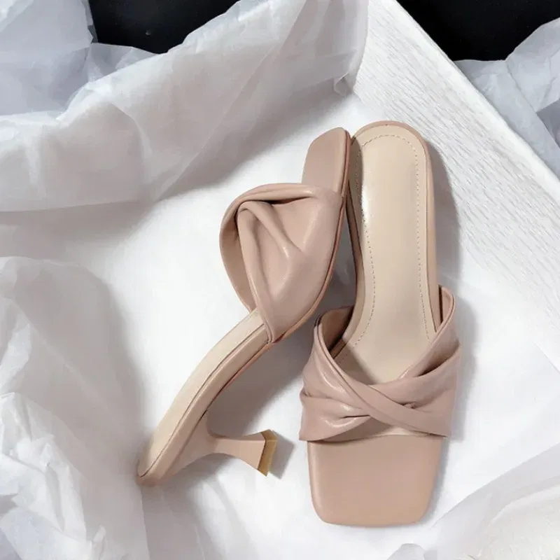 Color: black, Shoe Size: 42 - Fashion Summer Women Shoes New Handmade Square Open Toe High Heels Outdoor Fashion Slippers Apricot Off White