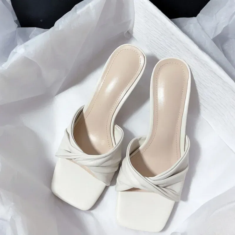 Color: black, Shoe Size: 42 - Fashion Summer Women Shoes New Handmade Square Open Toe High Heels Outdoor Fashion Slippers Apricot Off White