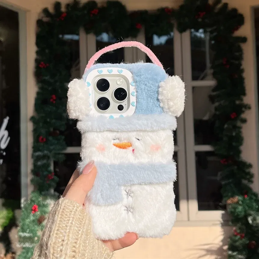 Color: Beige, Material: PC - Cute Cartoon Furry Snowman Case for iPhone 16 15 14 Pro Max 12 13 11 16Pro Plush Winter Warm Love Heart Soft Shockproof Cover