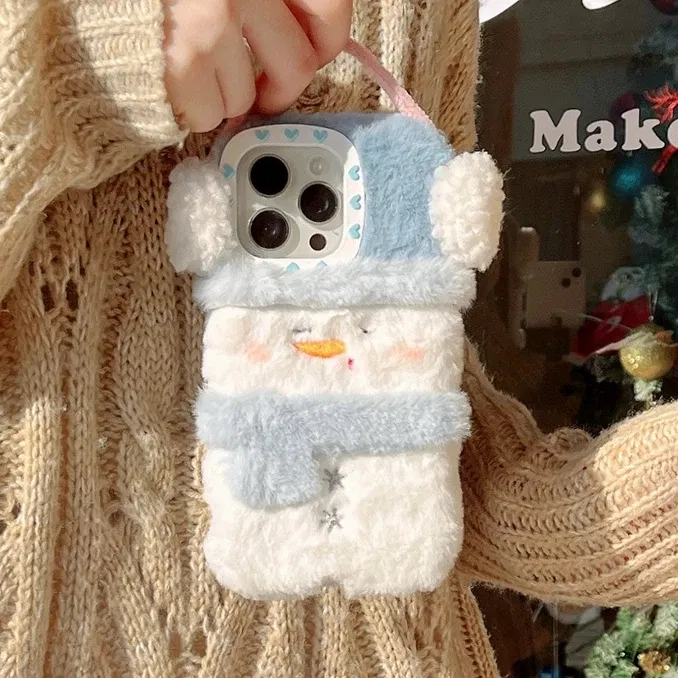 Color: Beige, Material: PC - Cute Cartoon Furry Snowman Case for iPhone 16 15 14 Pro Max 12 13 11 16Pro Plush Winter Warm Love Heart Soft Shockproof Cover