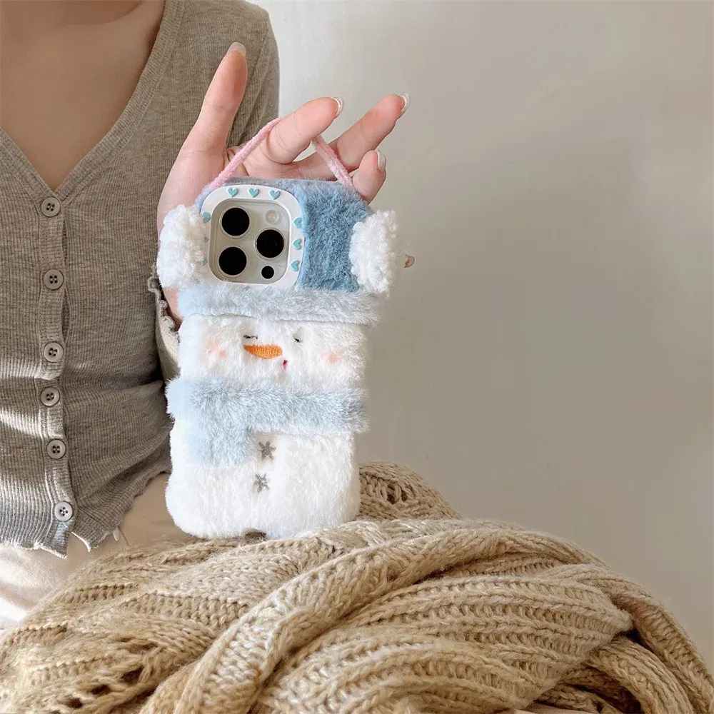 Color: Beige, Material: PC - Cute Cartoon Furry Snowman Case for iPhone 16 15 14 Pro Max 12 13 11 16Pro Plush Winter Warm Love Heart Soft Shockproof Cover
