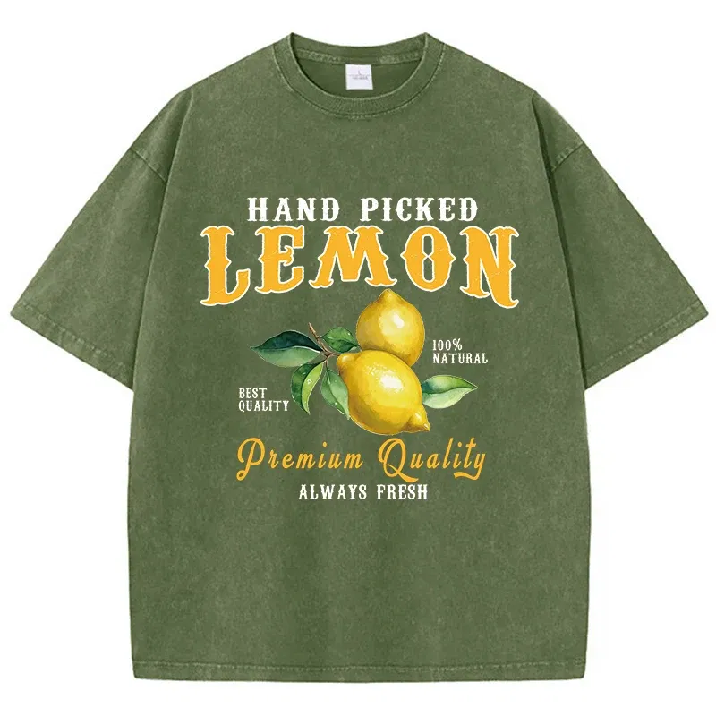 Color: army green, Size: XL - Summer Lemon Washed T-Shirts Womens Cotton Oversized O-Neck T Shirts Fresh Fruit Prints Tops Casual Short Sleeve Woman Clothes
