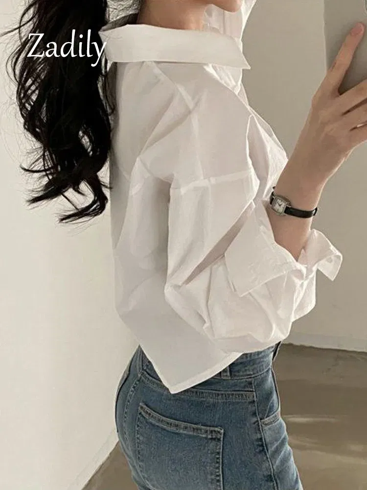 Color: Beige, Size: XL - Zadily 2023 Spring New Casual Long Sleeve Women White Shirt Korea Style Solid Button Split Woman Crop Tops Blouse Party Clothing
