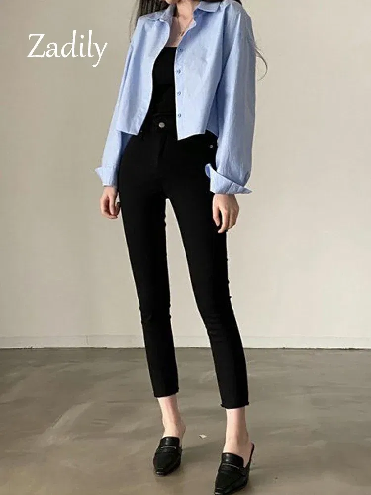 Color: Beige, Size: XL - Zadily 2023 Spring New Casual Long Sleeve Women White Shirt Korea Style Solid Button Split Woman Crop Tops Blouse Party Clothing
