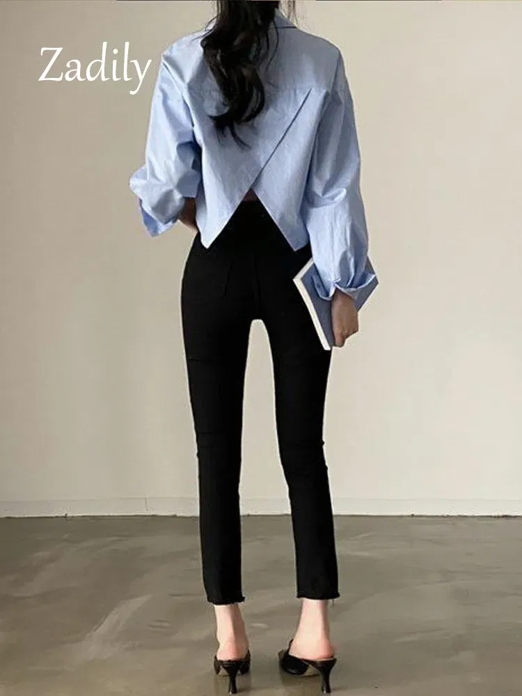 Color: Beige, Size: XL - Zadily 2023 Spring New Casual Long Sleeve Women White Shirt Korea Style Solid Button Split Woman Crop Tops Blouse Party Clothing
