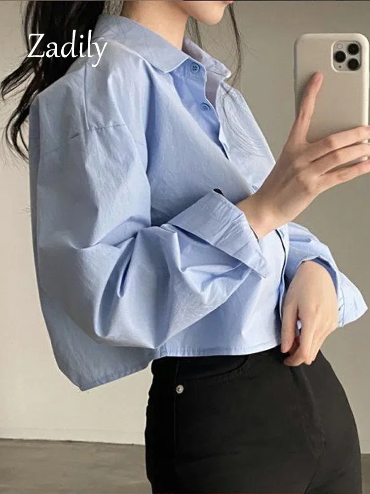 Color: Beige, Size: XL - Zadily 2023 Spring New Casual Long Sleeve Women White Shirt Korea Style Solid Button Split Woman Crop Tops Blouse Party Clothing