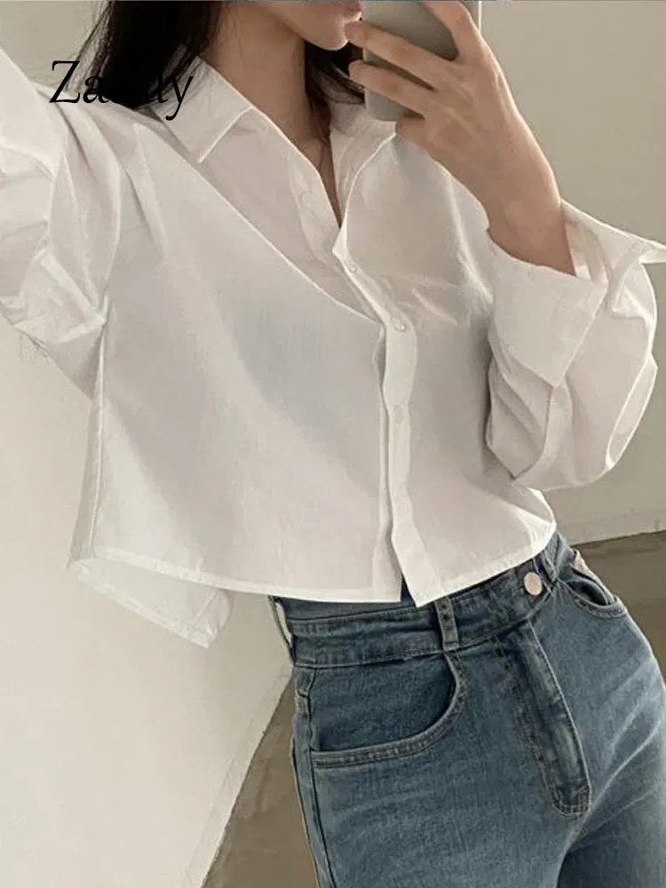 Color: Beige, Size: XL - Zadily 2023 Spring New Casual Long Sleeve Women White Shirt Korea Style Solid Button Split Woman Crop Tops Blouse Party Clothing