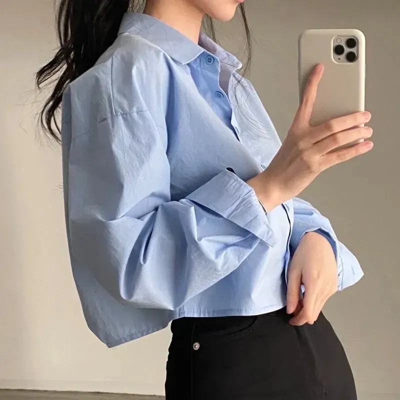 Color: Beige, Size: XL - Zadily 2023 Spring New Casual Long Sleeve Women White Shirt Korea Style Solid Button Split Woman Crop Tops Blouse Party Clothing