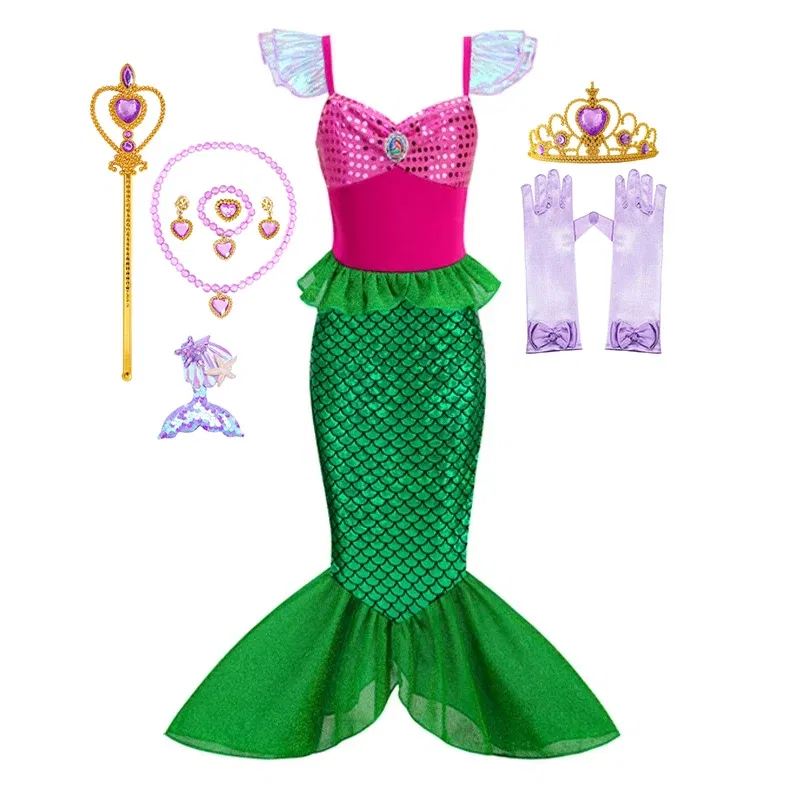 Color: black, Kid Size: 12 - Disney Little Mermaid Ariel Costumes for Girls Princess Dress Cosplay Halloween Carnival Kids Birthday Party Dress Up Clothing