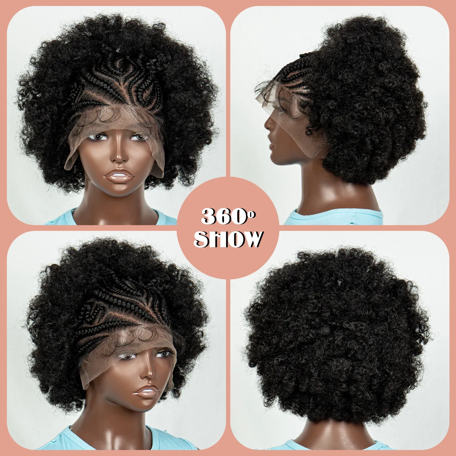 Short Afro Kinky Curly Braided Wigs Synthetic Transparent Lace Front Curly Braids Wig With Baby Hair For Black Women Wig