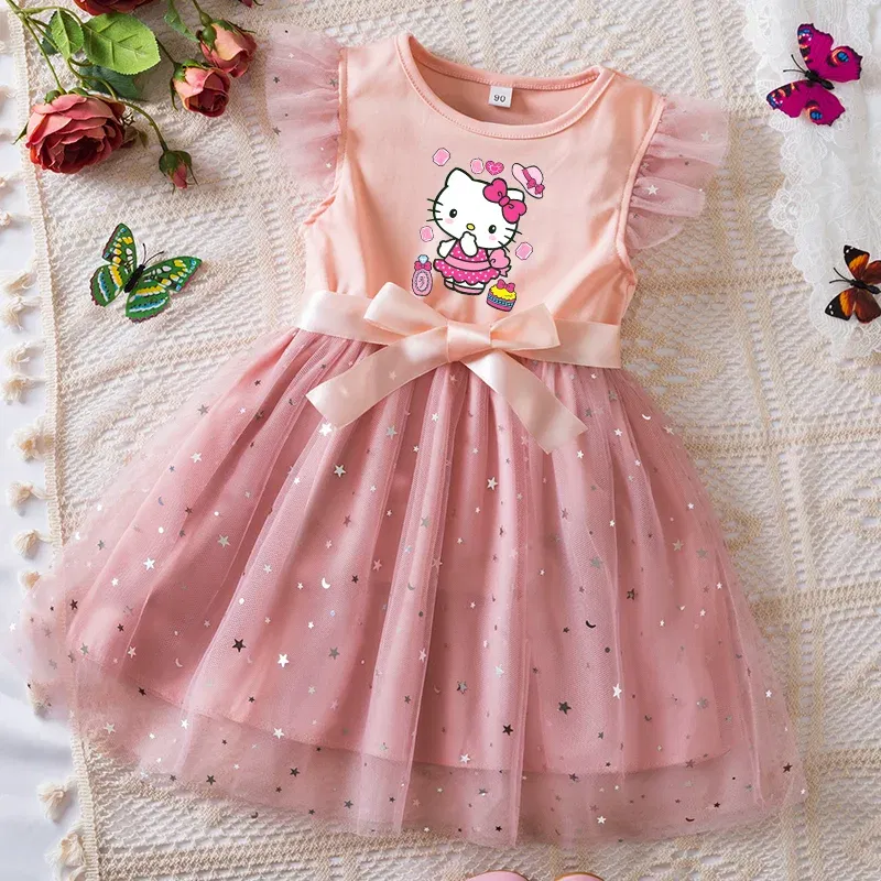 Color: Dark Grey, Kid Size: 11 - Hello Kitty Girls Sequin Tutu Dress with Bow Flutter Sleeves Summer Princess Party Outfit for Toddler Kids 2-6 Years