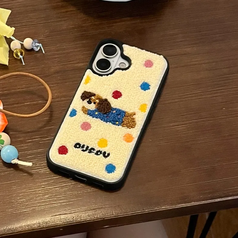 Color: SKY BLUE, Material: tpu - Luxury Cartoon Embroidery Cute Dog Cats Colorful Dots Phone Case For iPhone 13 14 15 16 Pro Max Plush Winter Shockproof Cover