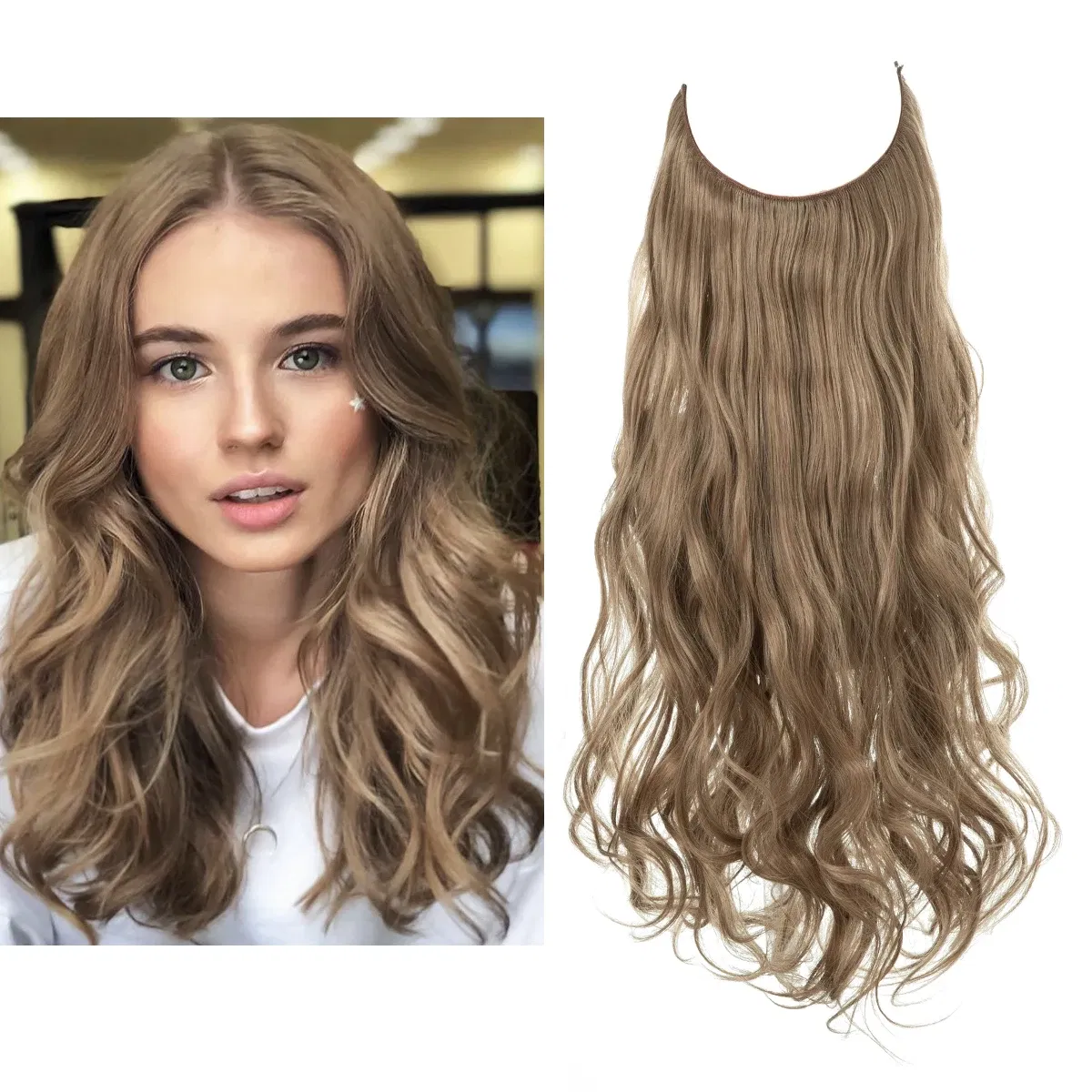 Color: P12/613, Stretched Length: 22INCHES - Synthetic No Clip Wave Hair Extensions Ombre Natural Black Blonde Pink One Piece False Hairpiece Fish Line Fake Hair Piece