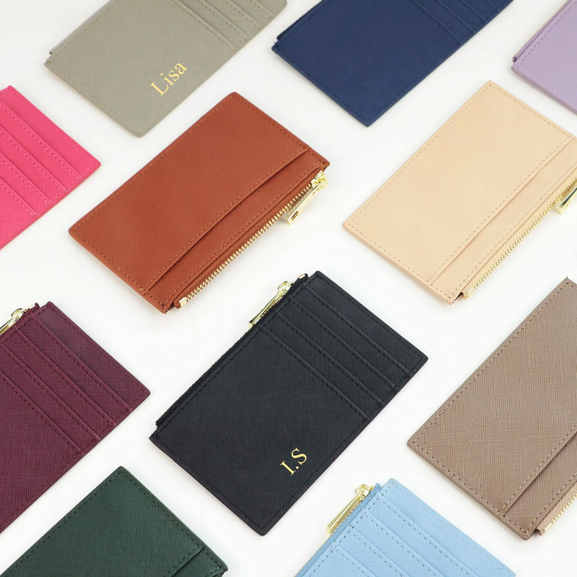 Color: ROSE RED - Custom Name Saffiano Leather Zip CardHolder Multiple Colors Ultra Thin Coin Purse Drop Shipping Small Women Credit Card Wallet