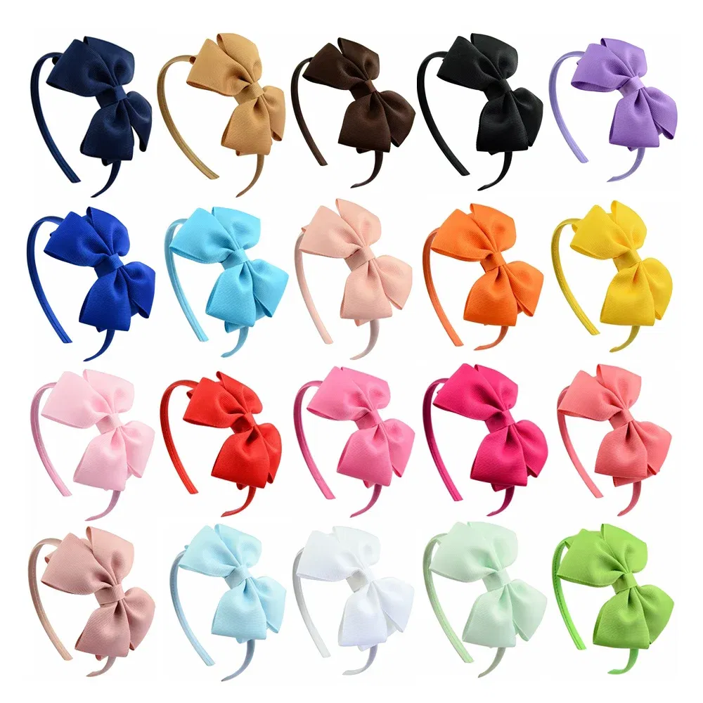 Color: Coffee - 1 Piece Ribbon Handmade Hair Bows Hairbands for Baby Girls 20 Colors Cute Bowknot Solid Headband Headwear Baby Hair Accessories