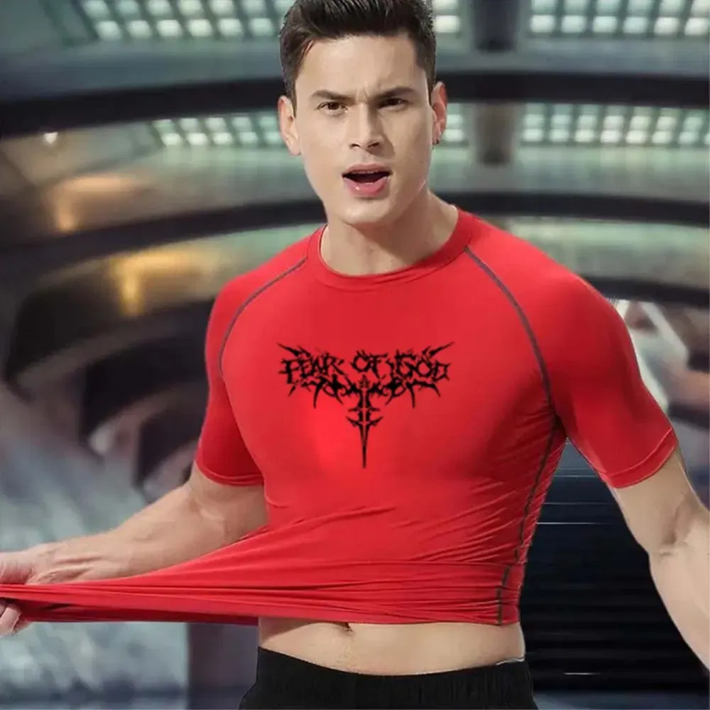 Color: SKY BLUE, Size: XXL - Men's Compression Shirt Anime Print Gym Sport Quick Dry Gym TShirts Fitness Athletic Undershirts Elasticity Tops Tee Summer Male