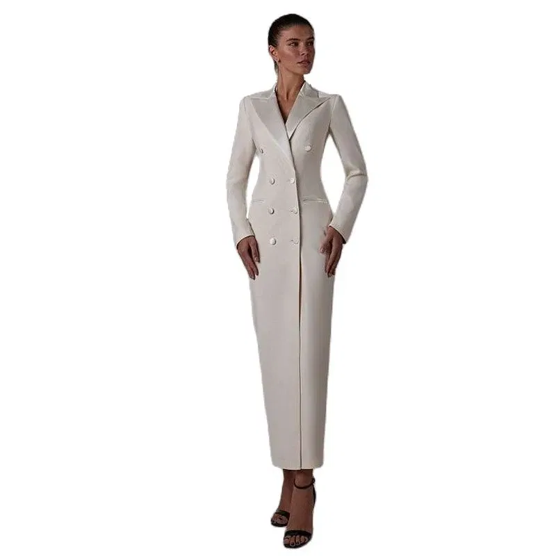 Color: black, Size: XS - Women's Suit Long Jacket One Piece Blazer Double Breasted Formal Tuxedo Party Dress кос?‚юм ?¶?µнский