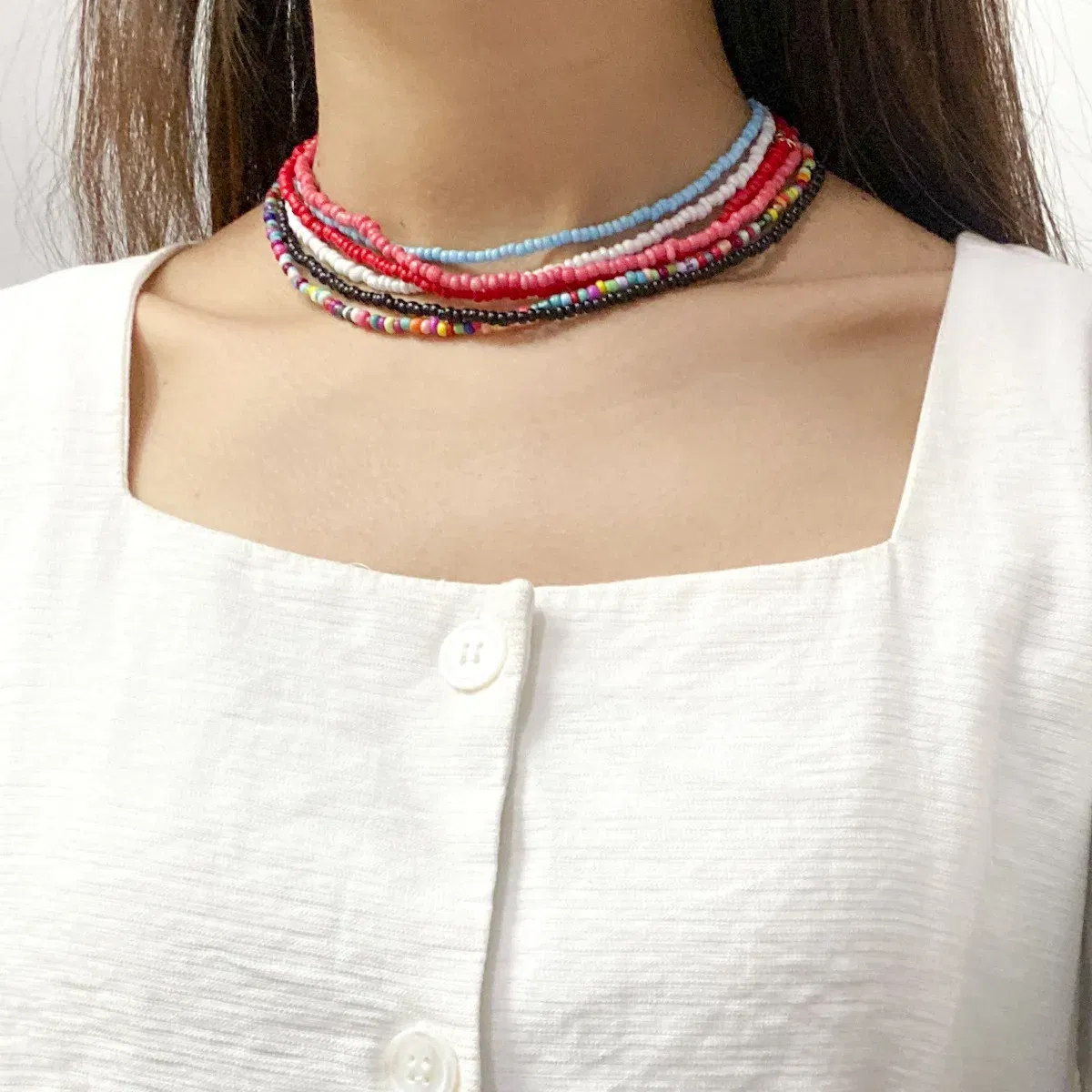 Metal Color: Blue Zinc - 2022 New Trend Colorful Rice Beads Necklace Bohemia Fashion Style Ladies Clavicle Chain Necklace Girls String Pearl Neck Jewelry