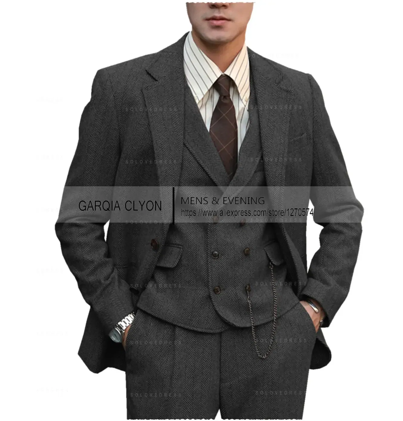 Color: black, Size: XXXL - Tweed Herringbone 3 Pieces Herringbone Men's Business Suits Single Breasted Slim Fit Groom Formal Suits?€Blazer+vest+Pants?‰
