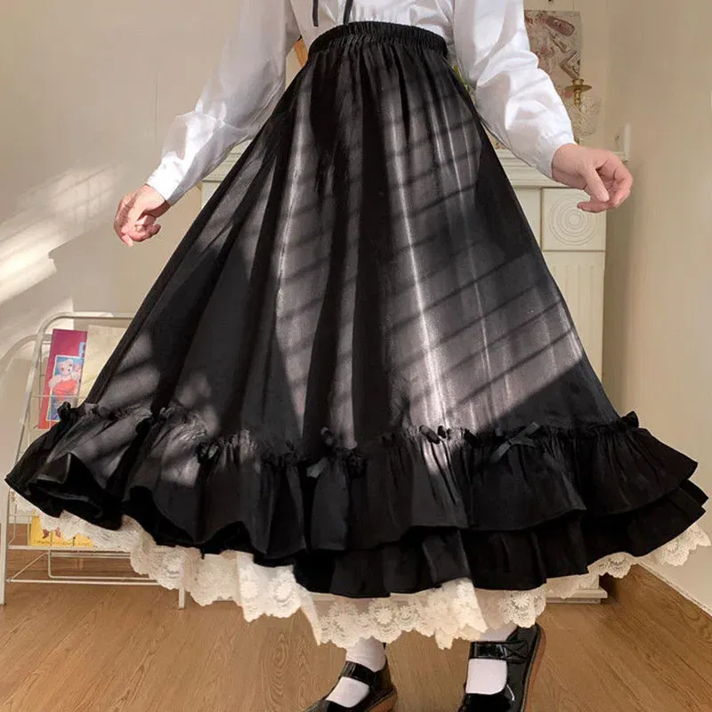 Color: black, Size: L, Ships From: CHINA - Japanese ruffles pleated skirt woman sweet high waist loose Ankle-length skirts women college style black patchwork A-line skirt