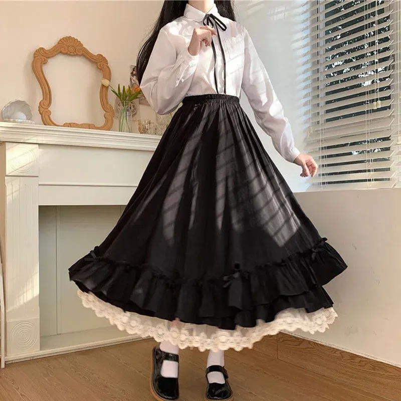 Color: black, Size: L, Ships From: CHINA - Japanese ruffles pleated skirt woman sweet high waist loose Ankle-length skirts women college style black patchwork A-line skirt