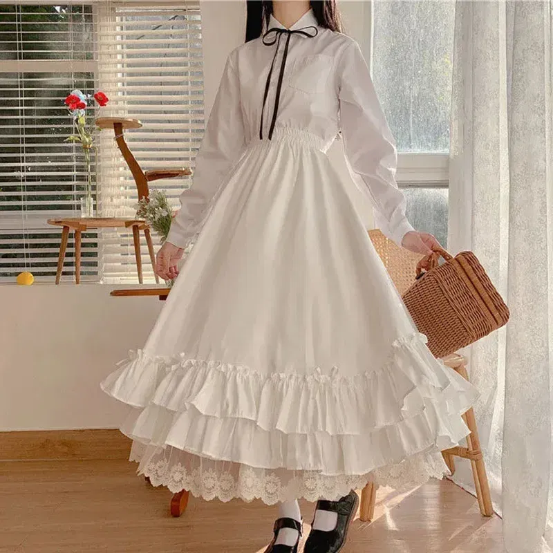Color: black, Size: L, Ships From: CHINA - Japanese ruffles pleated skirt woman sweet high waist loose Ankle-length skirts women college style black patchwork A-line skirt