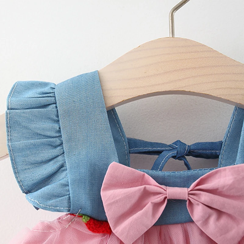 Color: Pink, Kid Size: 6M - Summer girl dress baby girl small flying sleeves denim top with patchwork strawberry embroidery mesh suspender princess dress