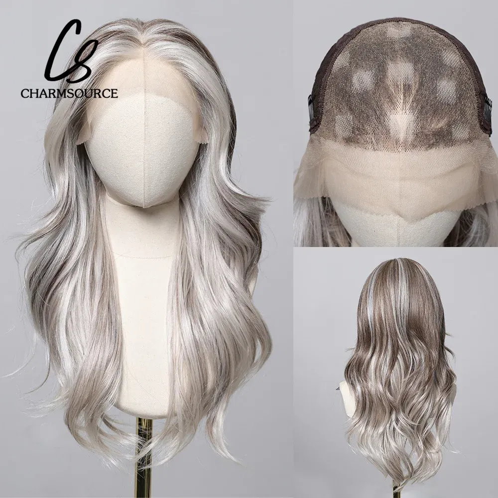 Color: #13, Bulk Buy: 1pc, Density: 150%, Ships From: CHINA - CharmSource 13x6 Lace Wig Long Wavy Brown Gray Wigs with Dark Root for Women Daily Party Cosplay Wedding High Density