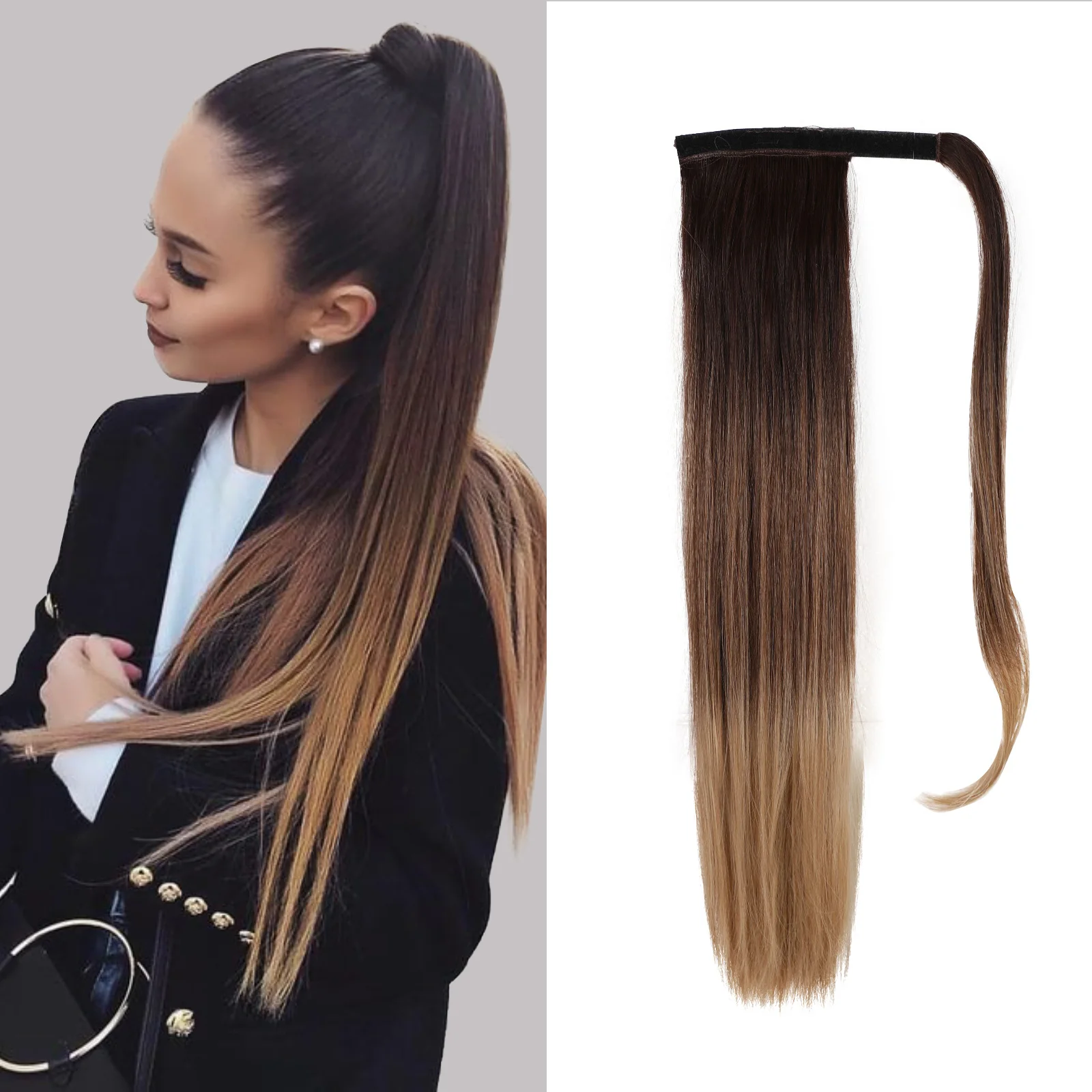 Color: T4/27/30 - Synthetic Hair Chip-in Hair Extension Pony Tail Wig Heat-Resistant Straight Hair With Ponytail Wig 20Inch Long Black Brown Ombr3