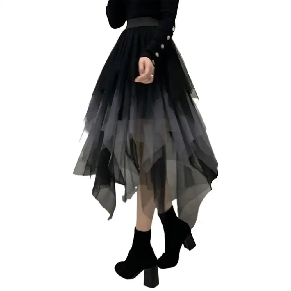 Color: Blue, Size: XL - 2025 Irregular Mesh Women Skirt High Elastic Waist Colorful Mesh Multi-layered Soft Mid-calf Length Pleated Women Midi Skirt