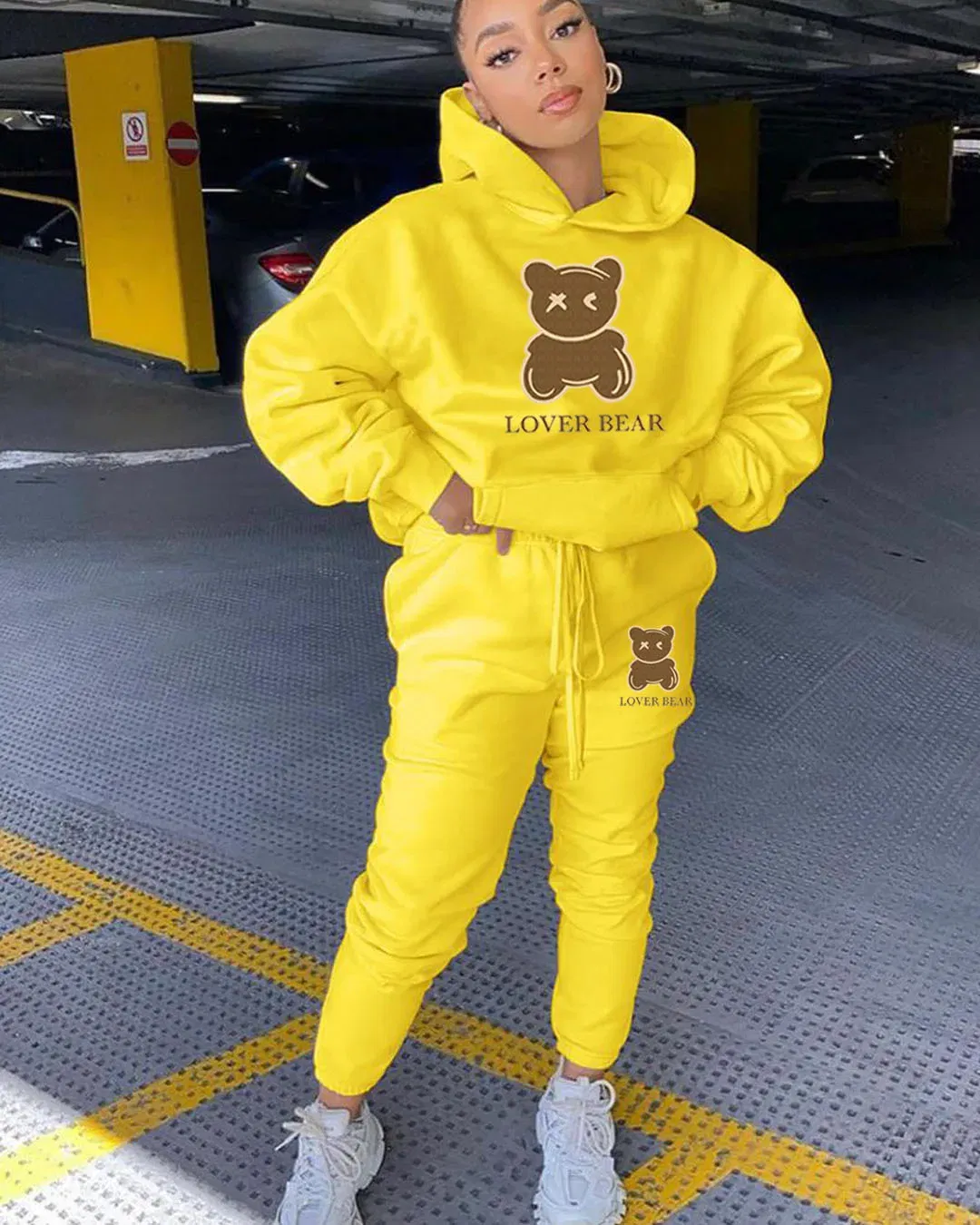 Color: Light Yellow, Size: S - 2 Piece Set Women Outfit Letter Bear Print Hooded Neck Hoodies Sweatshirt Pants Tracksuit 2024 Plus Size Streetwear Casual Suit