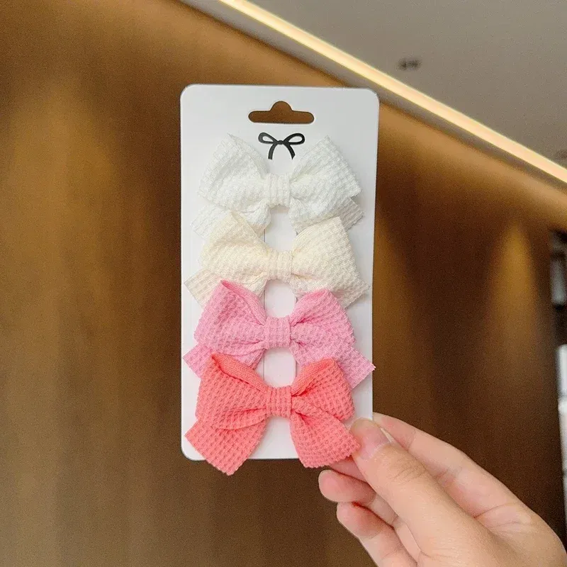 Color: Light Grey - 4PCS Soft Cotton Bow Hairpin Girl Sweet Plaid Design Hairpin Color Block Delicate Hairgripe Barrettes Kawaii Child Accessories