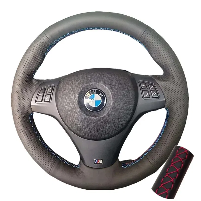 Color Name: silver - Full Black Leather Car Steering Wheel Braid Soft Leather Cover For BMW E81 E90 Pack M Sport M3 E91 E92 E93 E87 E82 E88 X1 E84