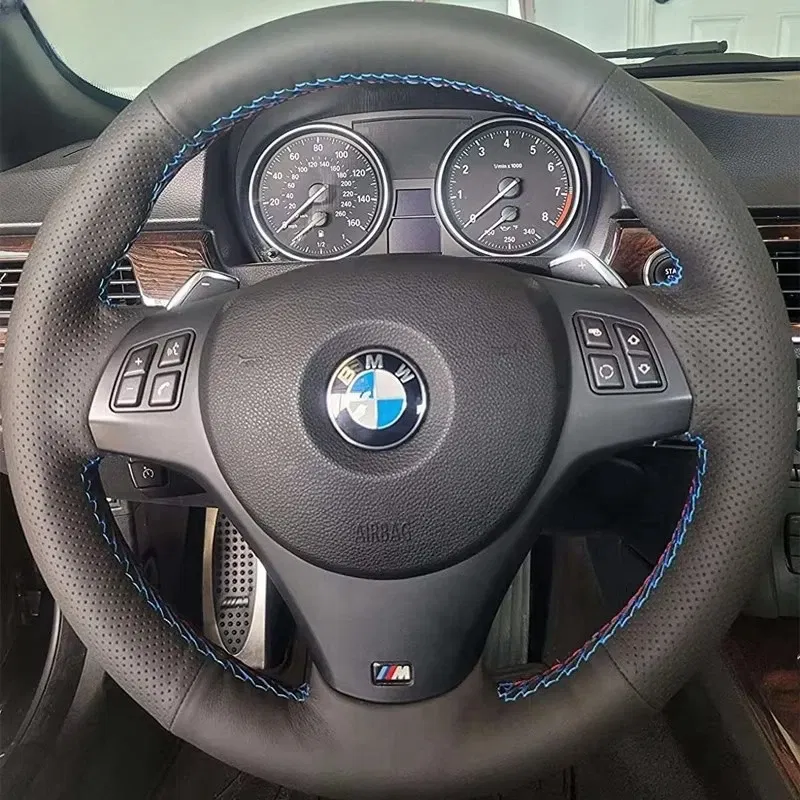 Color Name: silver - Full Black Leather Car Steering Wheel Braid Soft Leather Cover For BMW E81 E90 Pack M Sport M3 E91 E92 E93 E87 E82 E88 X1 E84